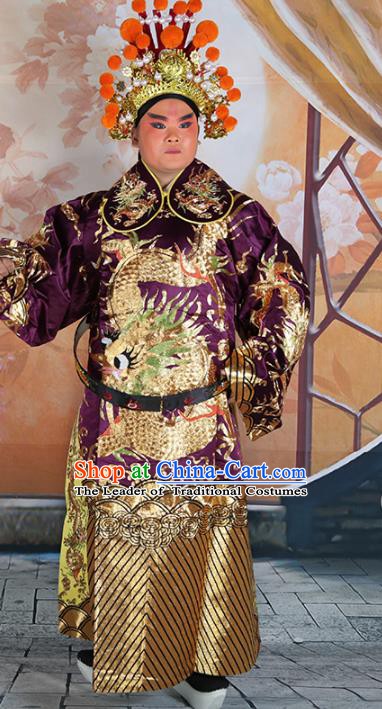 Chinese Beijing Opera Prime Minister Costume Purple Embroidered Robe, China Peking Opera Officer Embroidery Clothing