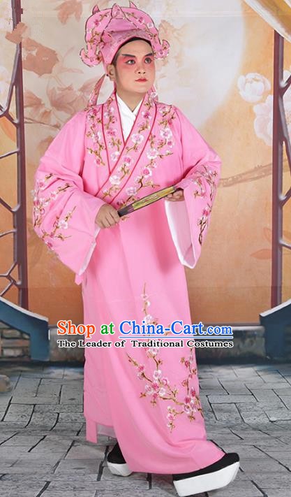 Chinese Beijing Opera Niche Costume Pink Embroidered Robe, China Peking Opera Scholar Embroidery Wintersweet Clothing