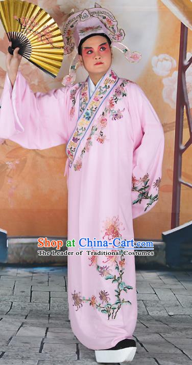 Chinese Beijing Opera Niche Costume Pink Embroidered Robe, China Peking Opera Scholar Embroidery Chrysanthemum Clothing