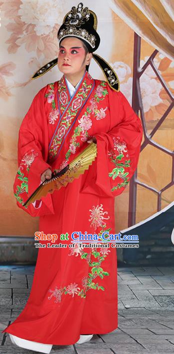 Chinese Beijing Opera Niche Costume Red Embroidered Robe, China Peking Opera Scholar Embroidery Chrysanthemum Clothing