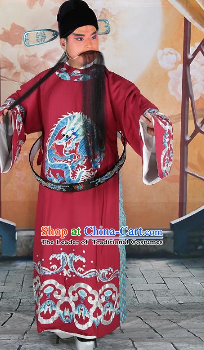 Chinese Beijing Opera Prime Minister Costume Purplish Red Embroidered Robe, China Peking Opera Chancellor Embroidery Clothing