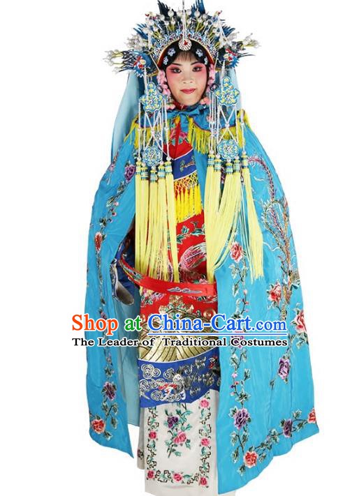 Chinese Beijing Opera Swordplay Lady Costume Embroidered Blue Cloak, China Peking Opera Blues Embroidery Mantle Clothing