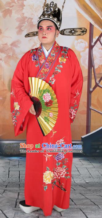 Chinese Beijing Opera Niche Costume Red Embroidered Robe, China Peking Opera Scholar Embroidery Peony Clothing