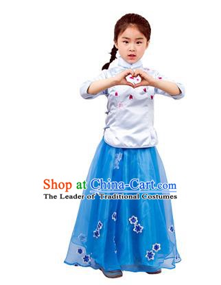 Traditional Chinese Ancient Republic of China Nobility Lady Costume Embroidered Blue Blouse and Skirt for Kids