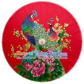 China Traditional Dance Handmade Umbrella Printing Peacock Prony Red Oil-paper Umbrella Stage Performance Props Umbrellas