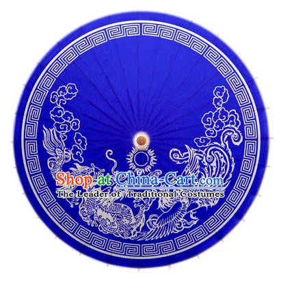 China Traditional Dance Handmade Umbrella Printing Dragon Phoenix Blue Oil-paper Umbrella Stage Performance Props Umbrellas