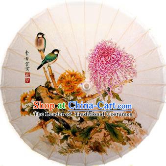 Handmade China Traditional Dance Ink Painting Birds Chrysanthemum Umbrella Oil-paper Umbrella Stage Performance Props Umbrellas