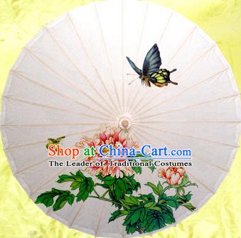 Handmade China Traditional Dance Umbrella Classical Painting Peony Butterfly White Oil-paper Umbrella Stage Performance Props Umbrellas