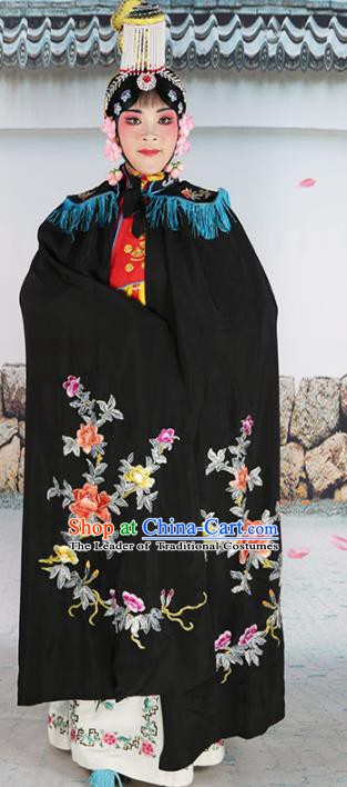 Chinese Beijing Opera Diva Imperial Empress Costume Black Embroidered Cloak, China Peking Opera Actress Embroidery Mantle Clothing