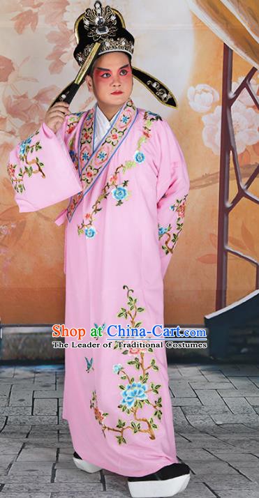 Chinese Beijing Opera Niche Costume Pink Embroidered Robe, China Peking Opera Scholar Embroidery Clothing