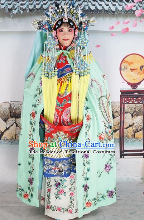 Chinese Beijing Opera Diva Costume Green Embroidered Cloak, China Peking Opera Actress Embroidery Mantle Clothing