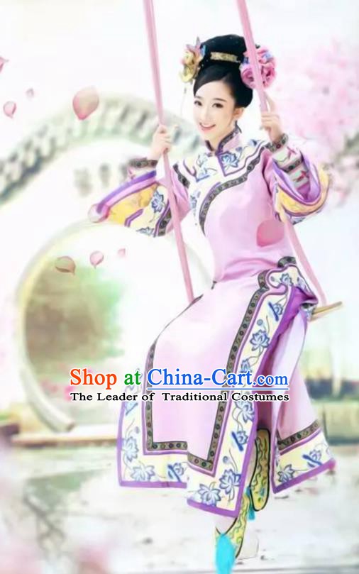 Traditional Chinese Ancient Qing Dynasty Manchu Imperial Concubine Embroidered Mandarin Robe Costume for Women