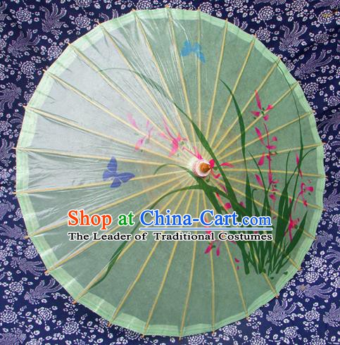 Handmade China Traditional Folk Dance Umbrella Painting Orchid Green Oil-paper Umbrella Stage Performance Props Umbrellas