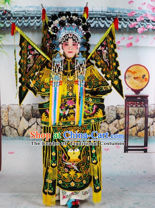 Chinese Beijing Opera Female General Embroidered Black Costume, China Peking Opera Blues Embroidery Clothing