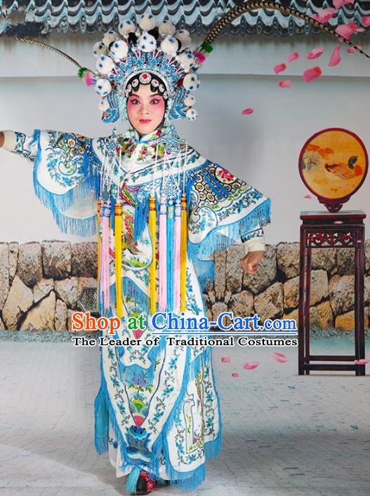 Chinese Beijing Opera Female General Embroidered White Costume, China Peking Opera Blues Embroidery Clothing