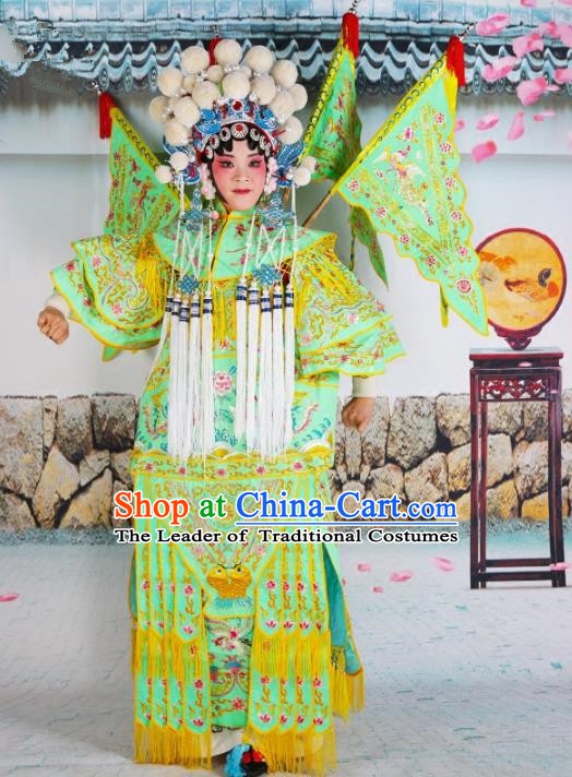 Chinese Beijing Opera Female General Embroidered Green Costume, China Peking Opera Blues Embroidery Clothing