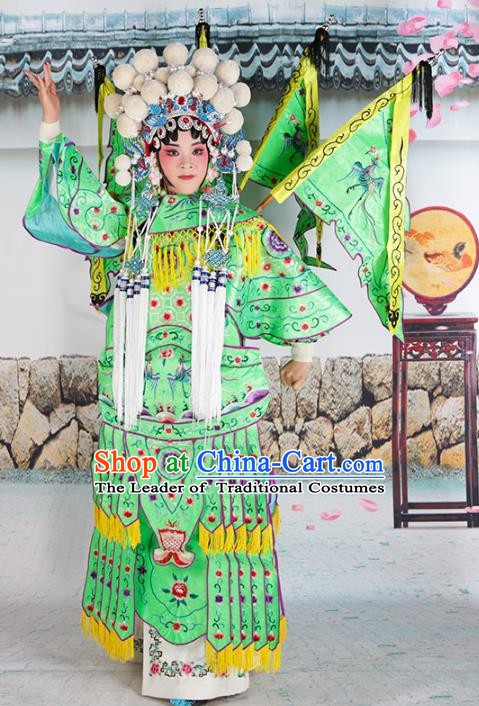 Chinese Beijing Opera Female General Embroidered Green Costume, China Peking Opera Blues Embroidery Clothing