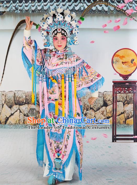 Chinese Beijing Opera Female General Embroidered Pink Costume, China Peking Opera Blues Embroidery Clothing