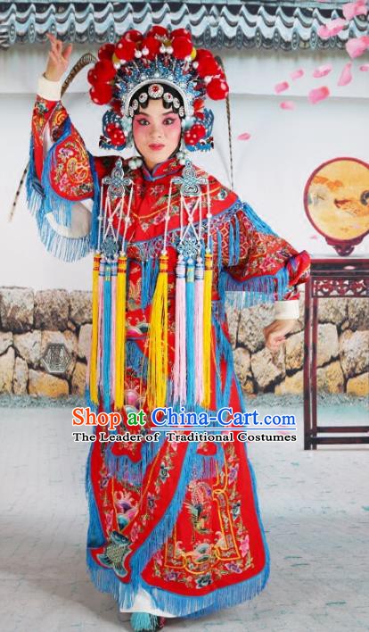 Chinese Beijing Opera Martial Lady Embroidered Red Costume, China Peking Opera Blues Embroidery Clothing