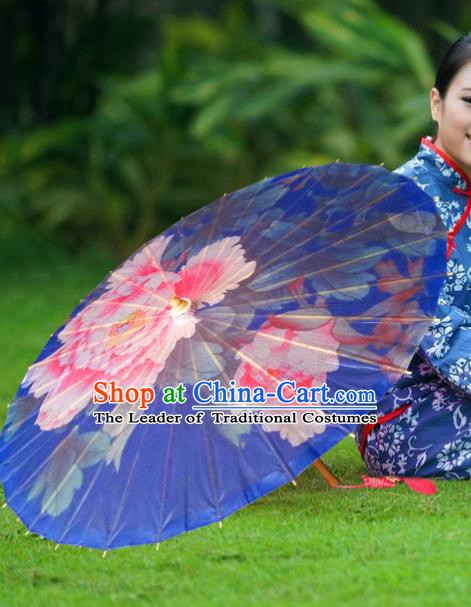 China Traditional Folk Dance Umbrella Hand Painting Peony Blue Oil-paper Umbrella Stage Performance Props Umbrellas