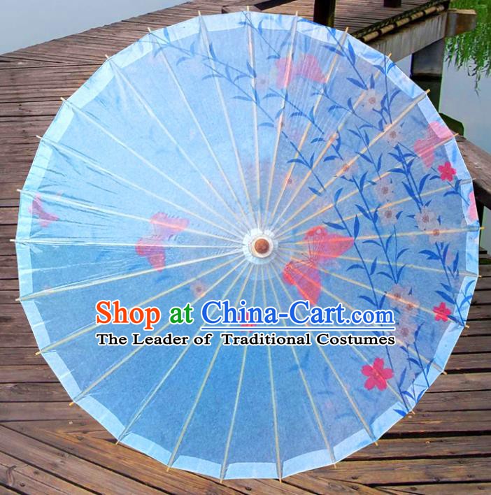 China Traditional Folk Dance Umbrella Hand Painting Flowers Blue Oil-paper Umbrella Stage Performance Props Umbrellas