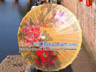 China Traditional Folk Dance Paper Umbrella Hand Painting Peony Yellow Oil-paper Umbrella Stage Performance Props Umbrellas