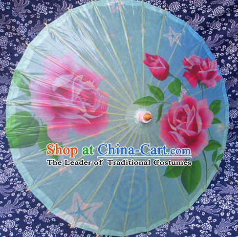 Handmade China Traditional Folk Dance Umbrella Stage Performance Props Umbrellas Printing Rose Blue Oil-paper Umbrella