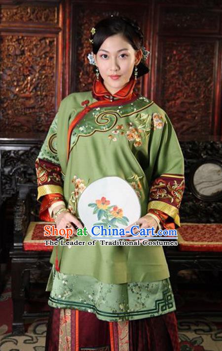 Traditional Chinese Ancient Qing Dynasty Young Mistress Embroidered Green Xiuhe Suit Clothing for Women