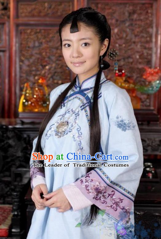 Traditional Chinese Ancient Qing Dynasty Young Mistress Embroidered Blue Xiuhe Suit Clothing for Women