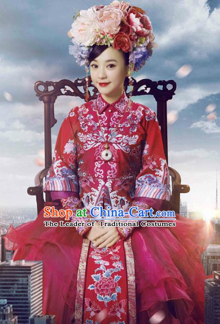 Traditional Chinese Ancient Qing Dynasty Princess Embroidered Xiuhe Suit Wedding Costume for Women