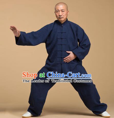 Top Grade Chinese Kung Fu Deep Blue Costume, China Martial Arts Tai Ji Training Uniform Gongfu Wushu Clothing for Men