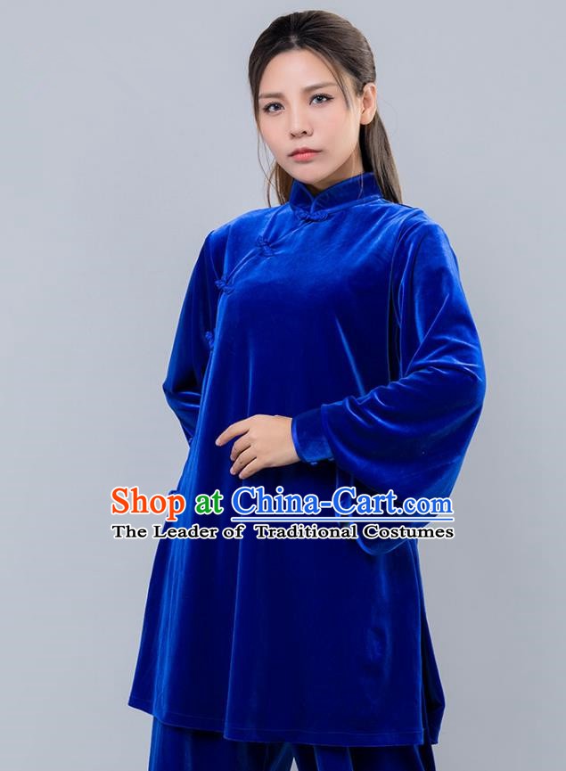 Top Grade Chinese Kung Fu Blue Velvet Costume China Martial Arts Training Uniform Tai Ji Wushu Clothing for Women