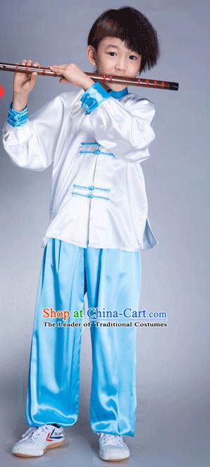 Top Grade Chinese Kung Fu Costume Tai Ji Training Uniform, China Martial Arts Gongfu Blue Clothing for Kids