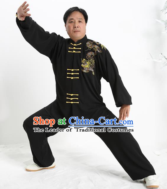 Top Grade Chinese Kung Fu Costume Tai Ji Training Uniform, China Martial Arts Gongfu Printing Dragon Clothing for Men