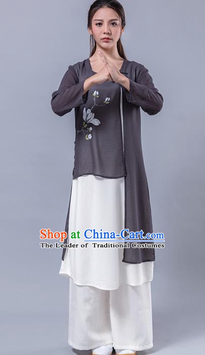 Top Grade Chinese Kung Fu Costume Martial Arts Printing Magnolia Black Uniform, China Tai Ji Wushu Plated Buttons Clothing for Women