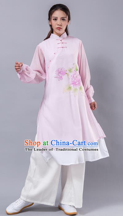 Top Grade Chinese Kung Fu Costume Martial Arts Printing Peony Pink Uniform, China Tai Ji Wushu Plated Buttons Clothing for Women