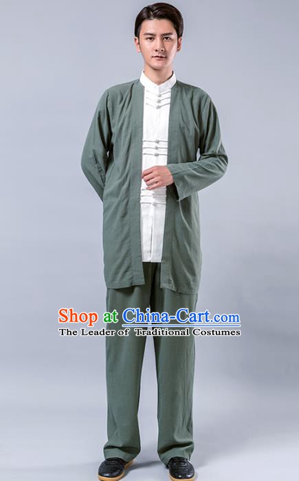 Top Grade Chinese Kung Fu Costume Tai Ji Training Green Linen Uniform, China Martial Arts Tang Suit Gongfu Clothing for Men