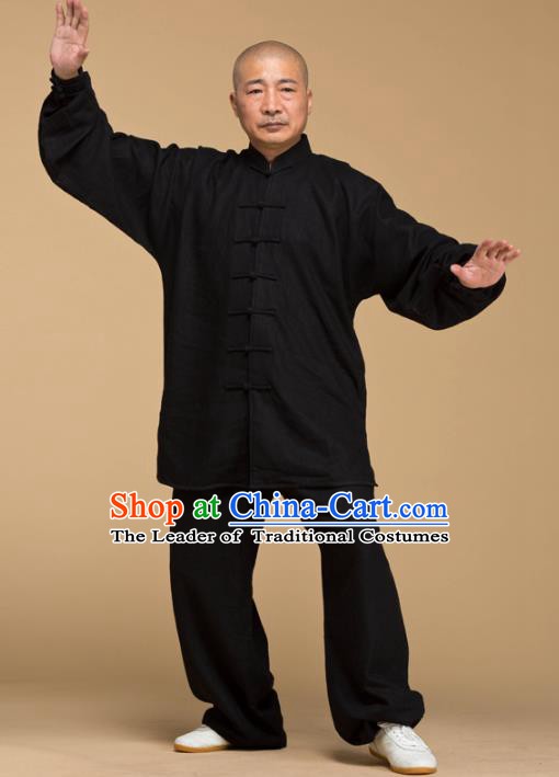 Top Grade Chinese Kung Fu Costume Tai Ji Training Black Linen Uniform, China Martial Arts Gongfu Clothing for Men