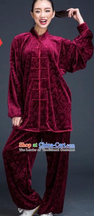 Top Grade Chinese Kung Fu Plated Buttons Costume Wine Red Pleuche Martial Arts Uniform, China Tai Ji Wushu Clothing for Women