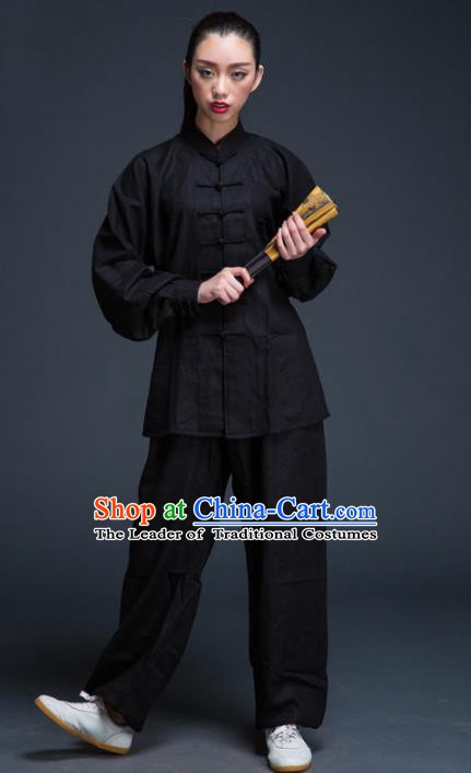 Top Grade Chinese Kung Fu Plated Buttons Costume Black Linen Martial Arts Uniform, China Tai Ji Wushu Clothing for Women