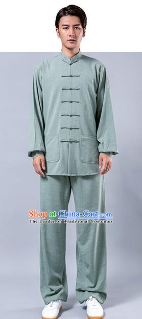Top Grade Chinese Kung Fu Costume Tai Ji Training Green Uniform, China Martial Arts Tang Suit Gongfu Clothing for Men