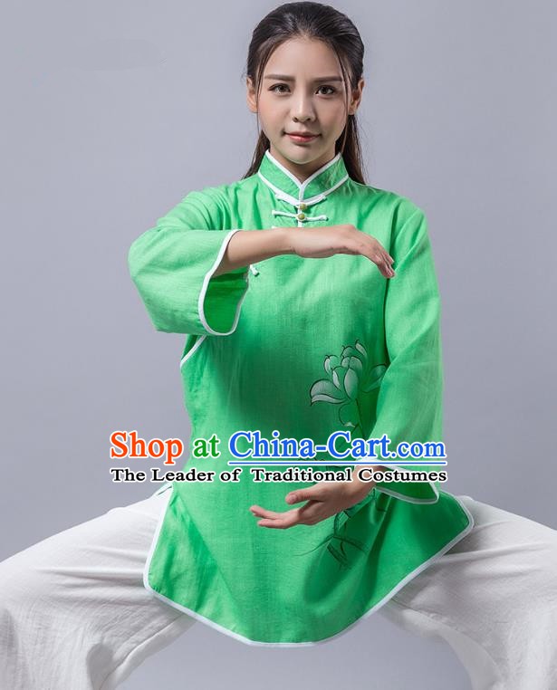 Top Grade Chinese Kung Fu Green Costume Martial Arts Printing Lotus Uniform, China Tai Ji Wushu Clothing for Women