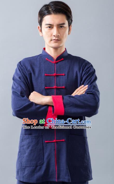 Top Grade Chinese Kung Fu Blue Linen Costume Tai Ji Training Uniform, China Martial Arts Tang Suit Gongfu Clothing for Men