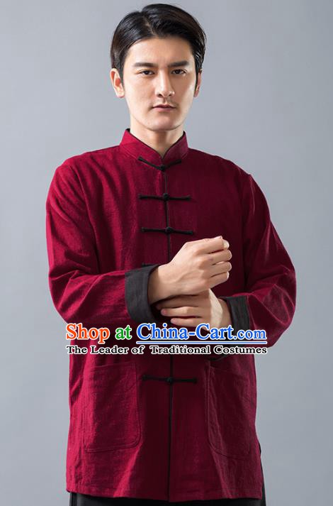 Top Grade Chinese Kung Fu Wine Red Linen Costume Tai Ji Training Uniform, China Martial Arts Tang Suit Gongfu Clothing for Men