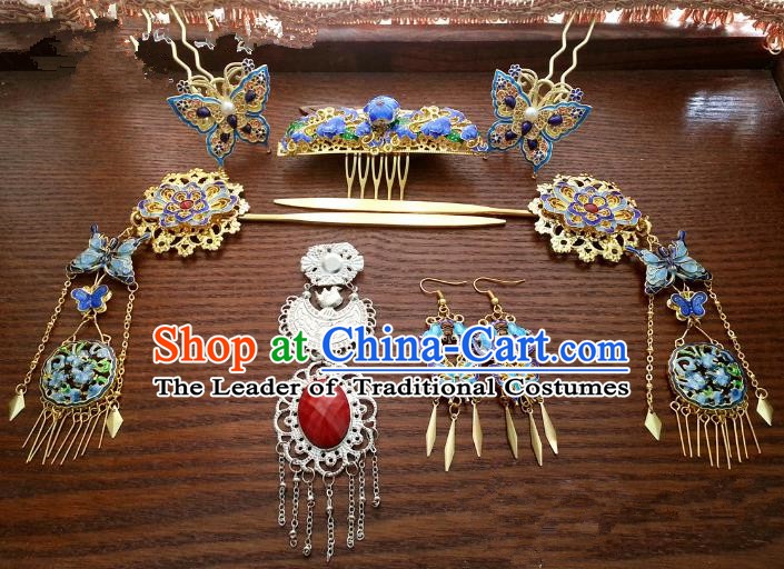 Traditional Handmade Chinese Classical Hair Accessories Ancient Princess Cloisonn Hairpins Phoenix Coronet Complete Set for Women