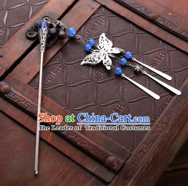 Asian Chinese Handmade Classical Hair Accessories Blue Beads Butterfly Tassel Hair Clip Hanfu Hairpins for Women