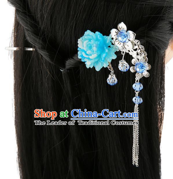Asian Chinese Handmade Palace Lady Classical Hair Accessories Blue Flower Tassel Hairpins for Women