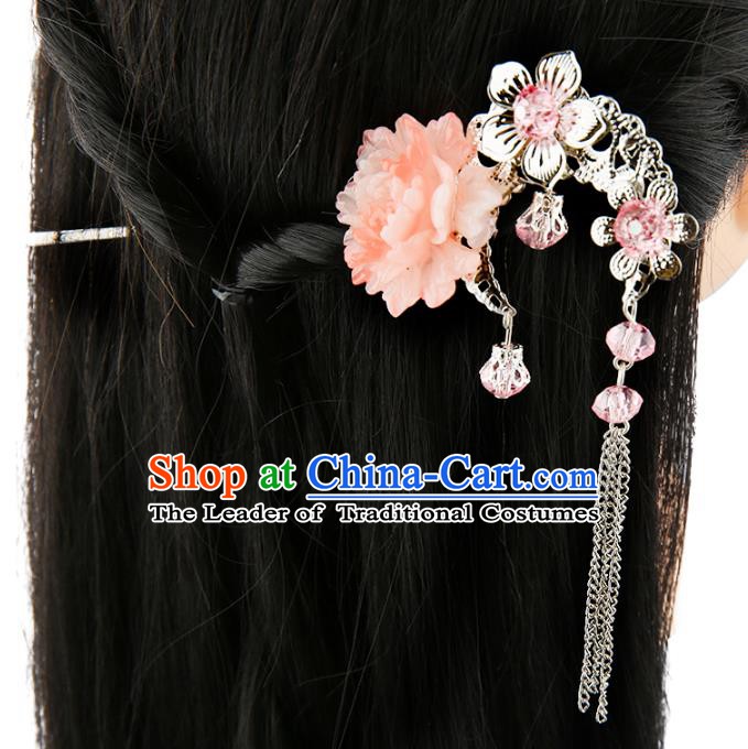 Asian Chinese Handmade Palace Lady Classical Hair Accessories Pink Flower Tassel Hairpins for Women
