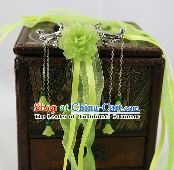 Asian Chinese Handmade Palace Lady Classical Hair Accessories Green Silk Ribbon Hairpins Headwear for Women