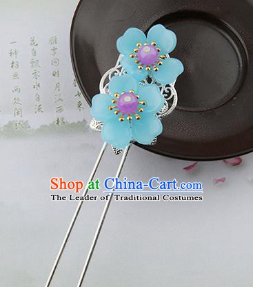 Asian Chinese Handmade Palace Lady Classical Hair Accessories Hanfu Blue Flowers Hairpins Headwear for Women